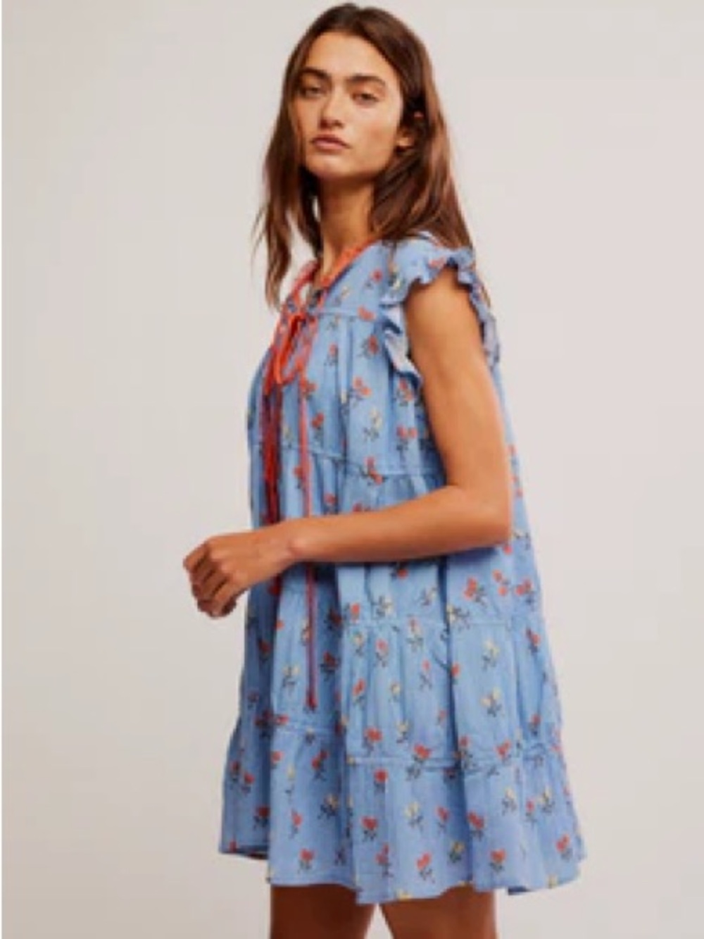 FREE PEOPLE Sundown Tunic Dress NWT Ditsy Floral Button Down Bows Red Blue